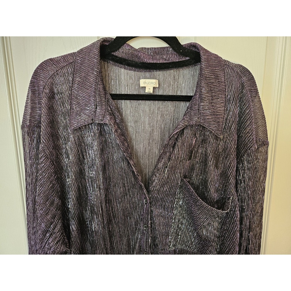 NWT Pilcro by Anthropologie Black/Purple Metallic V-Neck Button-Down Shirt +2X - Picture 3 of 10